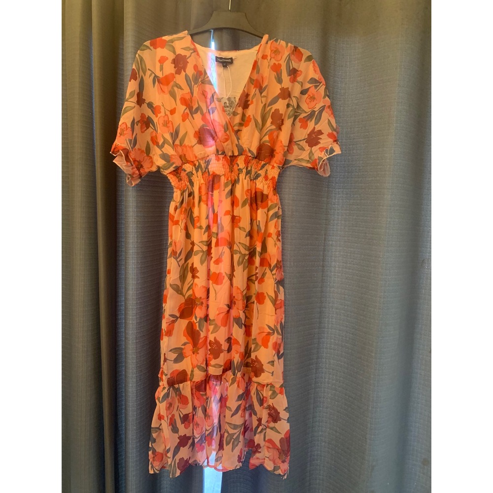 Meetrendi Womens Floral Maxi Dress Peach Orange V-Neck Smocked Waist NWT Size M